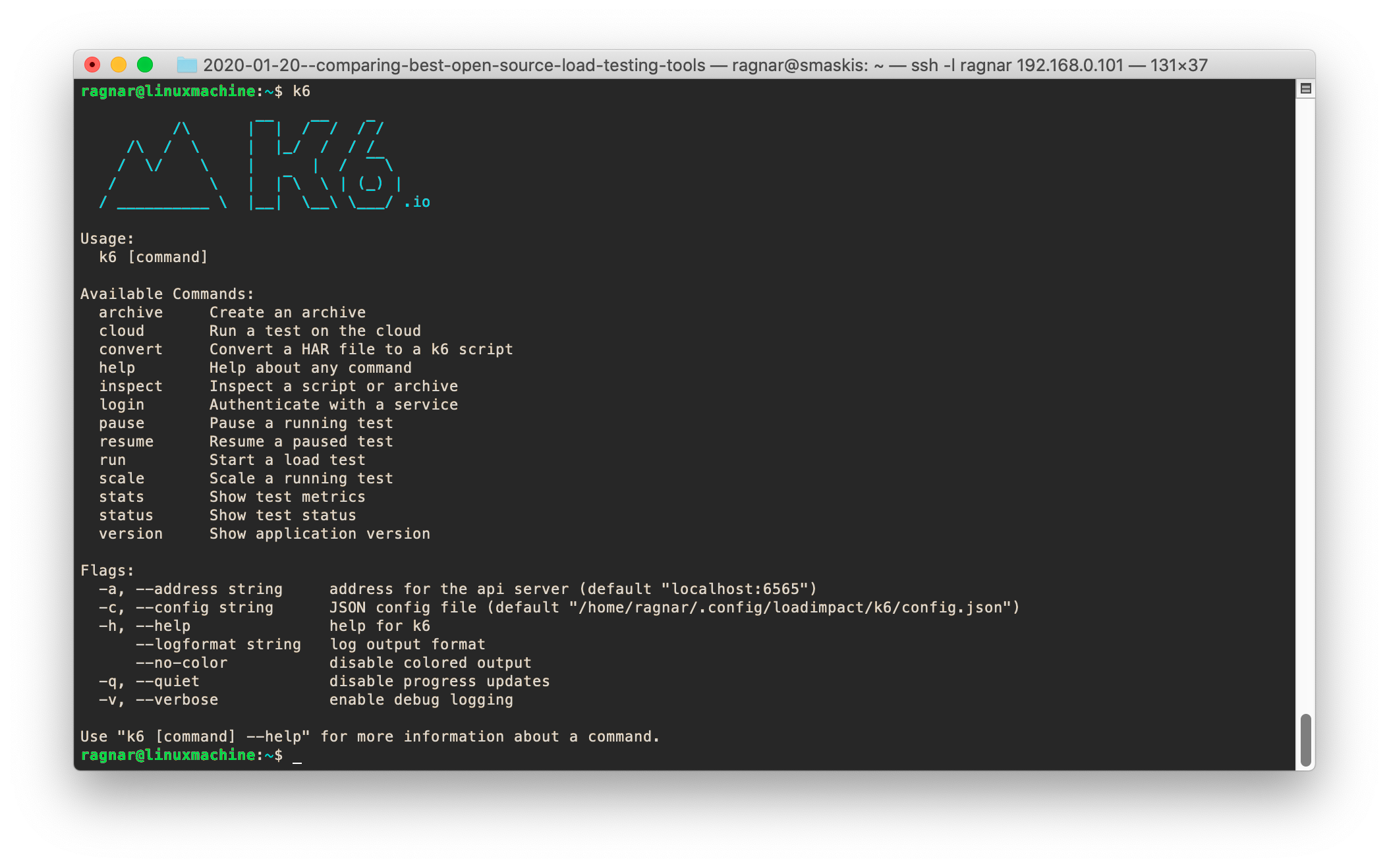 A screenshot of a k6 help output