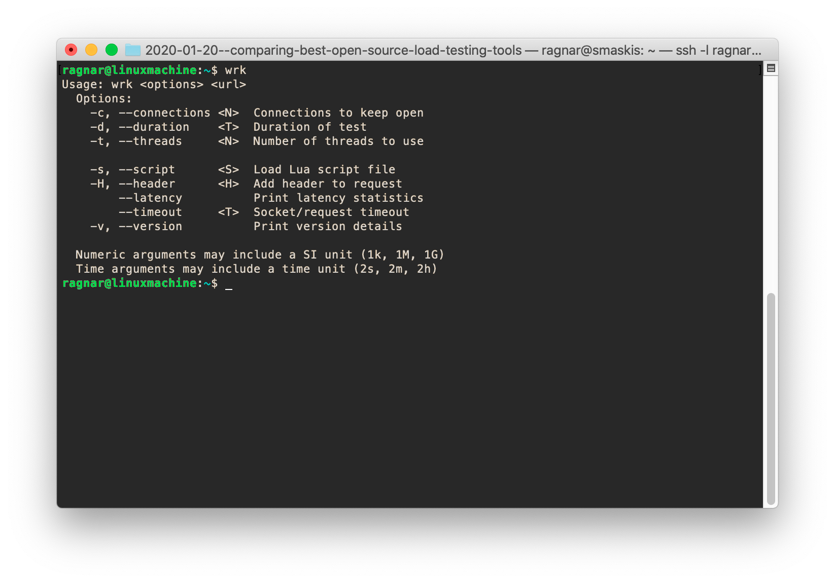 A screenshot of the Wrk help output