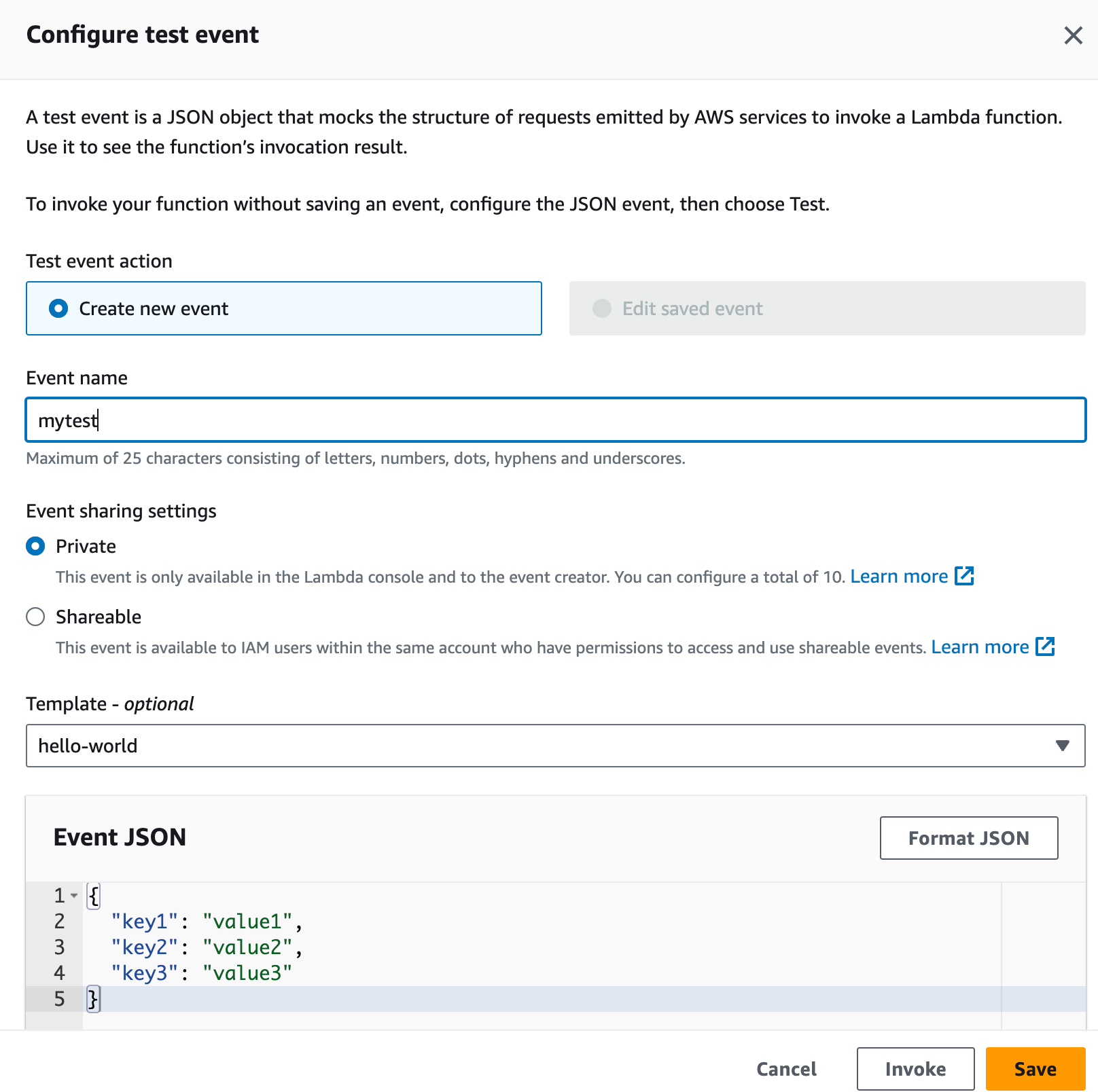 A screenshot of the test creation panel in AWS