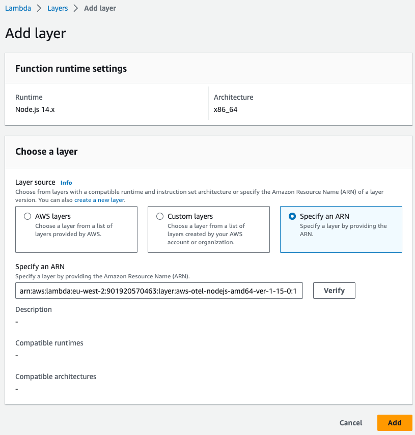 A screenshot of the 'Add layer' option in AWS