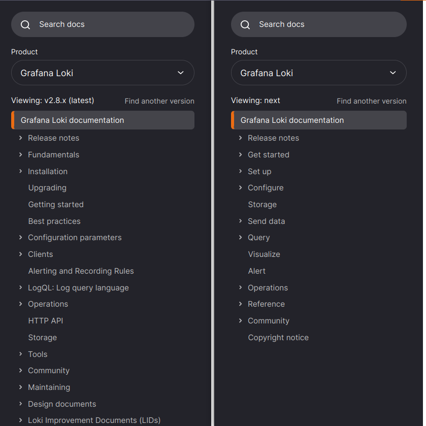 A side-by-side comparison of the restructured navigation in the Grafana Loki docs