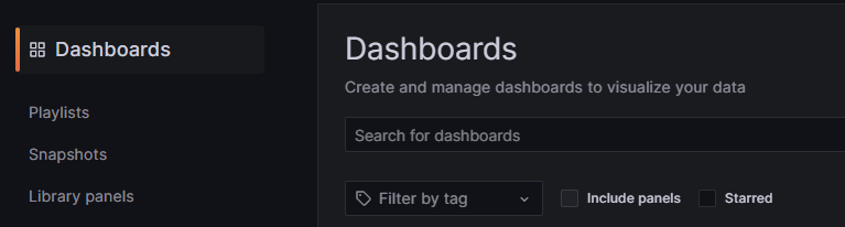 Screenshot of dashboards menu in Grafana Cloud