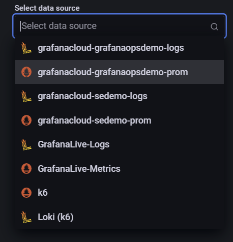 Screenshot of data source dropdown in Grafana Cloud