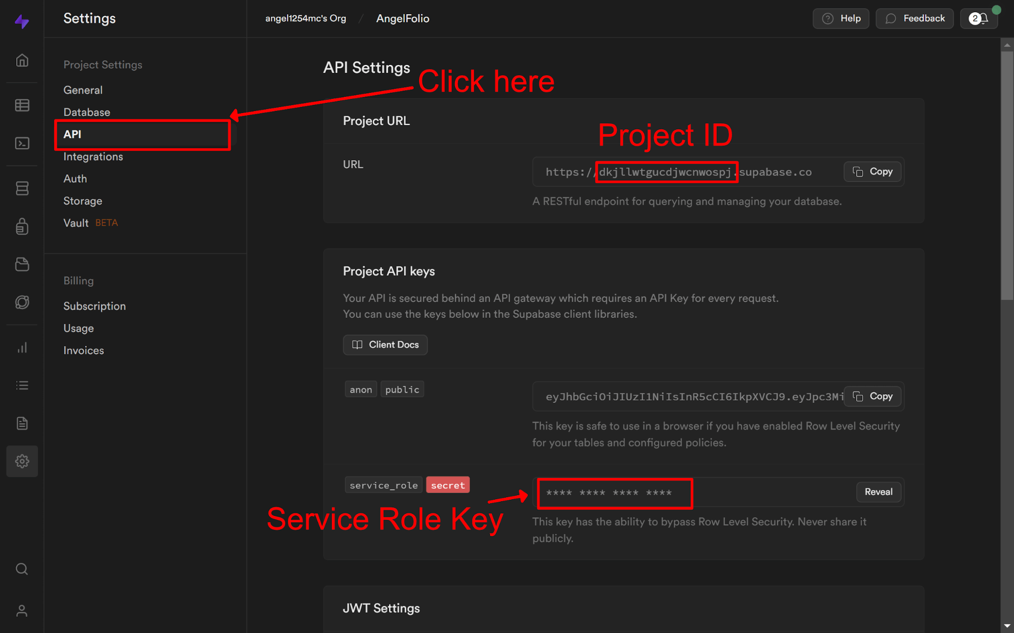 A screenshot shows where to get the Project ID and Service Role Key in Supabase.