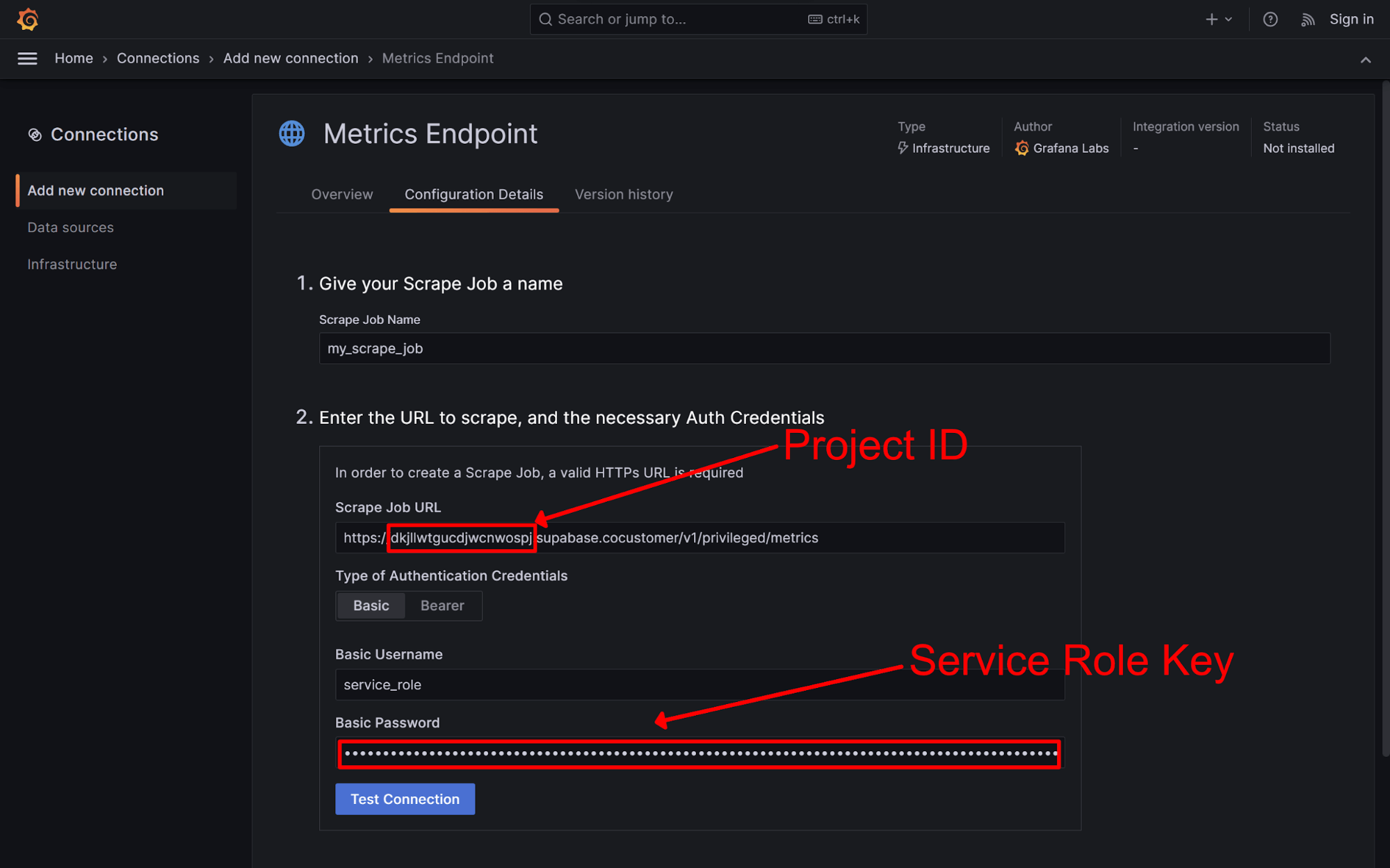 A screenshot shows where to enter the Project ID and Service Role Key in Grafana Cloud.