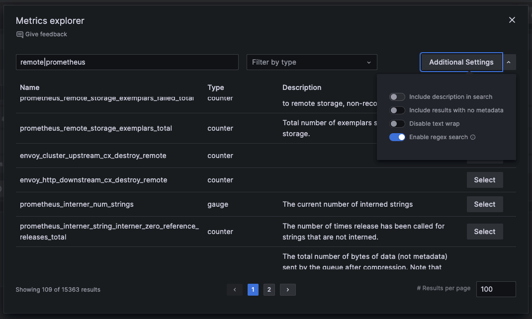 A Grafana menu shows additional settings, with regex search toggled on.
