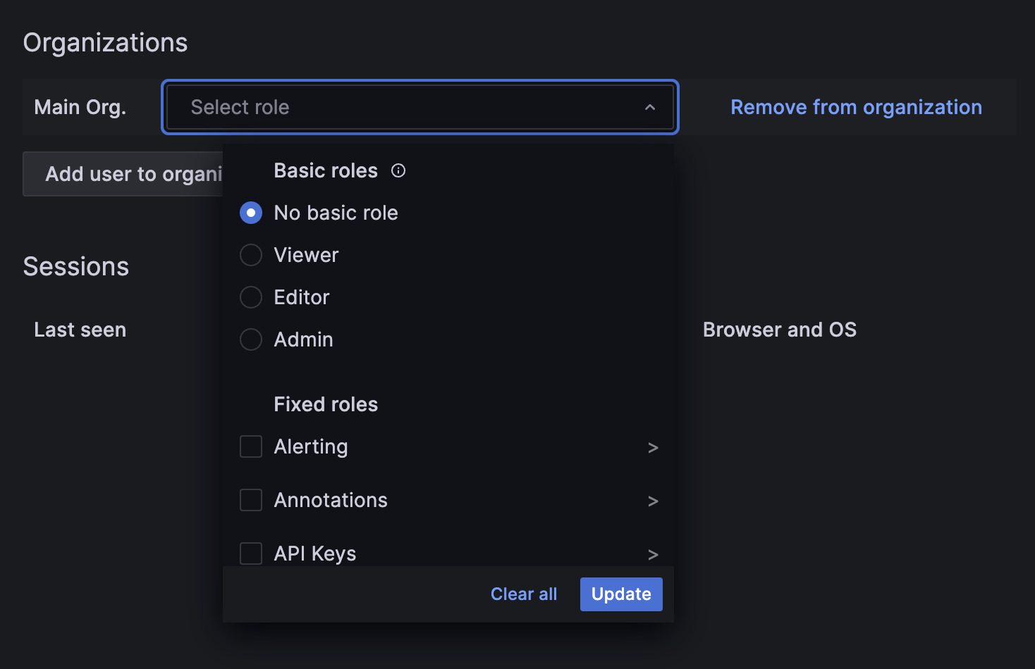 A screenshot of No basic role being selected from a drop-down menu in Grafana