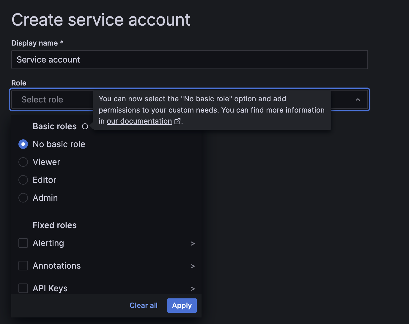 In this screenshot, No basic role is selected from the Create service account menu
