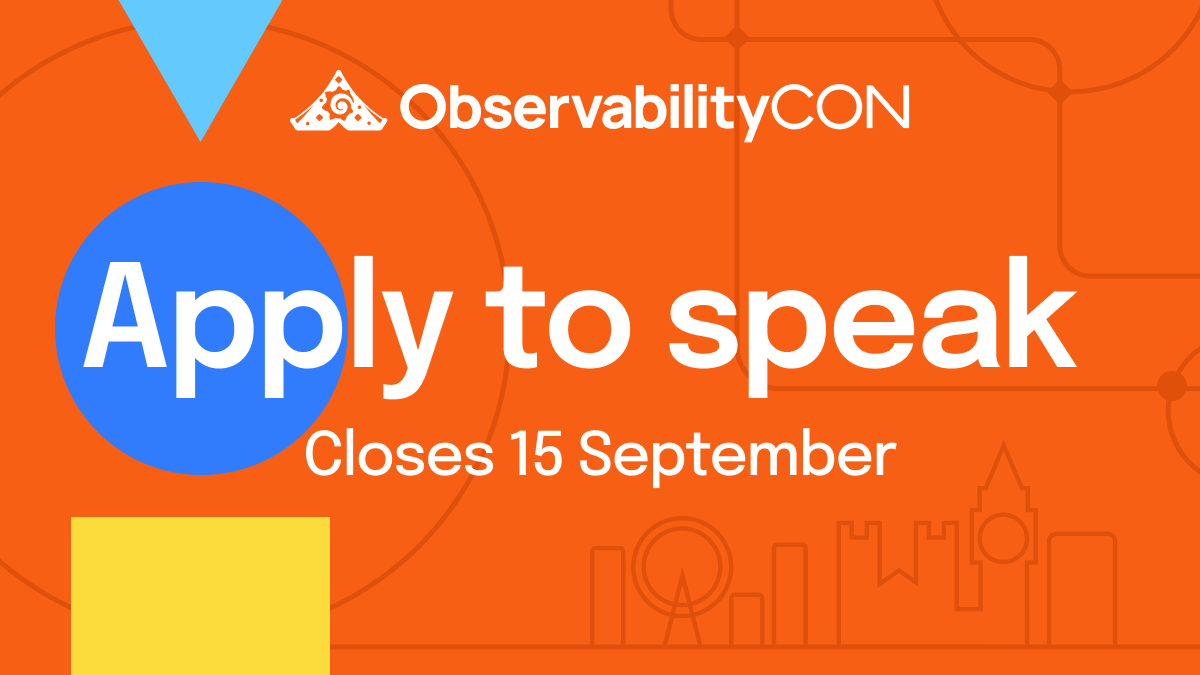 Graphic that is a call to action to apply to speak for ObservabilityCON 2023