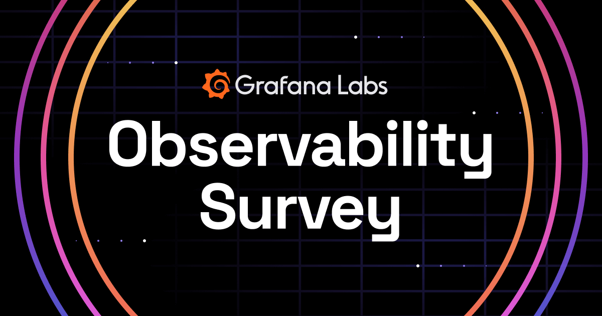 An illustration with a black background and colored rings around text that reads, Grafana Labs Observability Survey