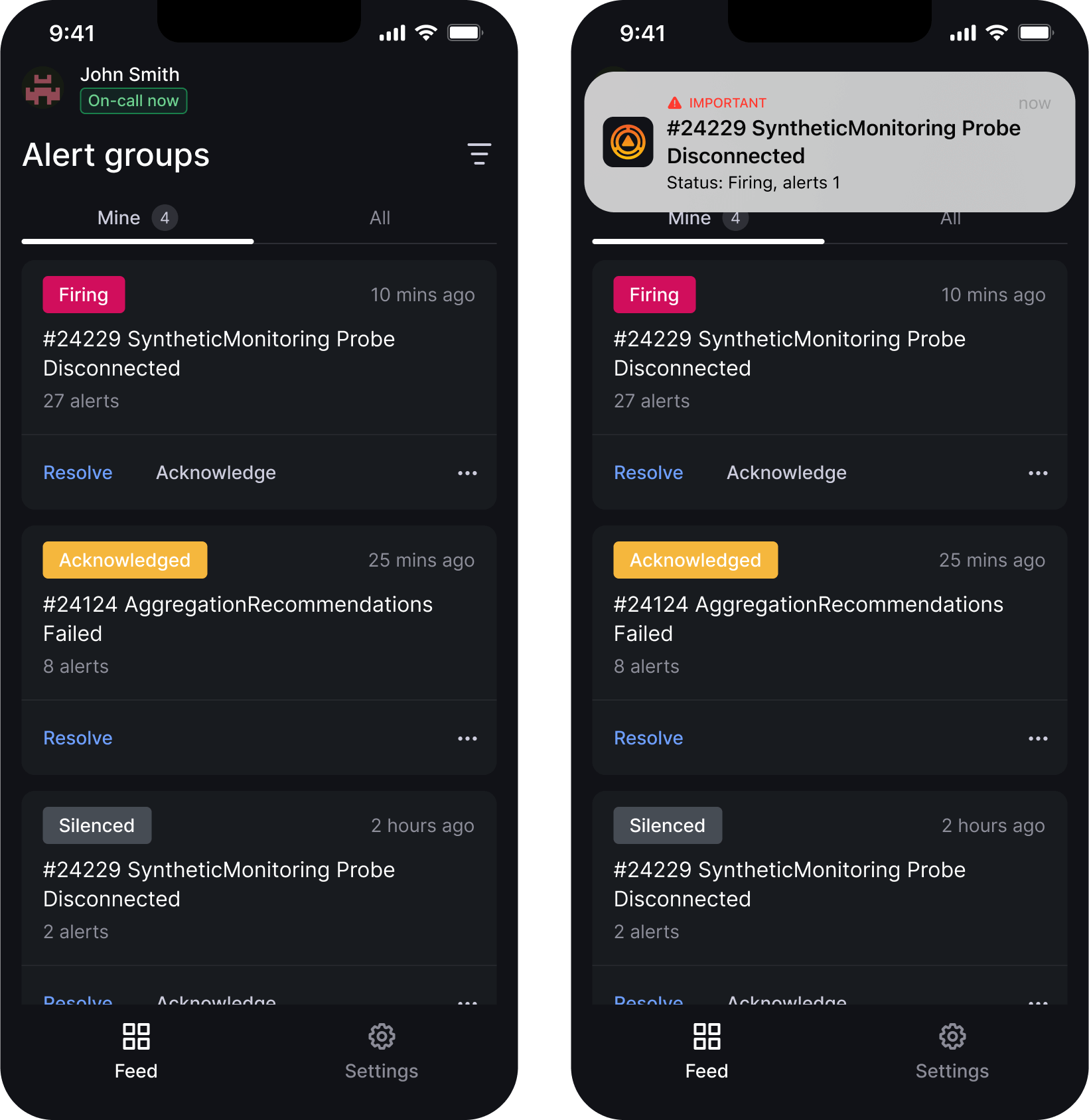 Two screenshots showing the UX of responding to an alert group in the Grafana OnCall mobile app. 