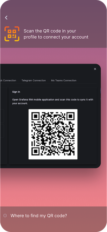 Screenshot of Grafana OnCall mobile app showing QR code for syncing to web app. 