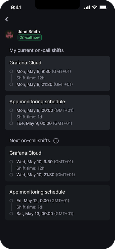 Screenshot of Grafana OnCall mobile app UI showing on-call schedules.