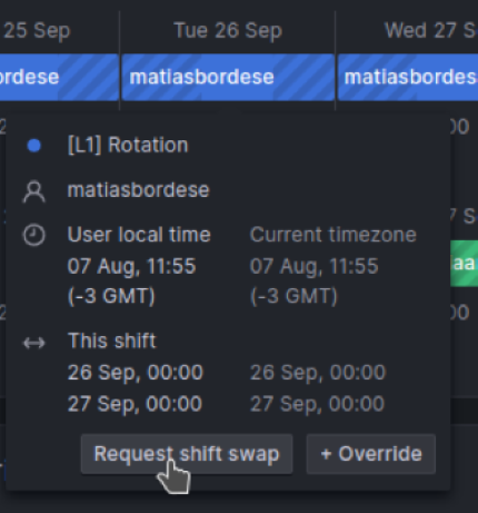 A screenshot of how to request a shift swap in Grafana OnCall