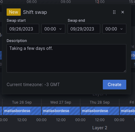 A screenshot of how to enter shift swap request details in Grafana OnCall