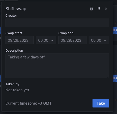 A screenshot of how to take a shift swap request in Grafana OnCall