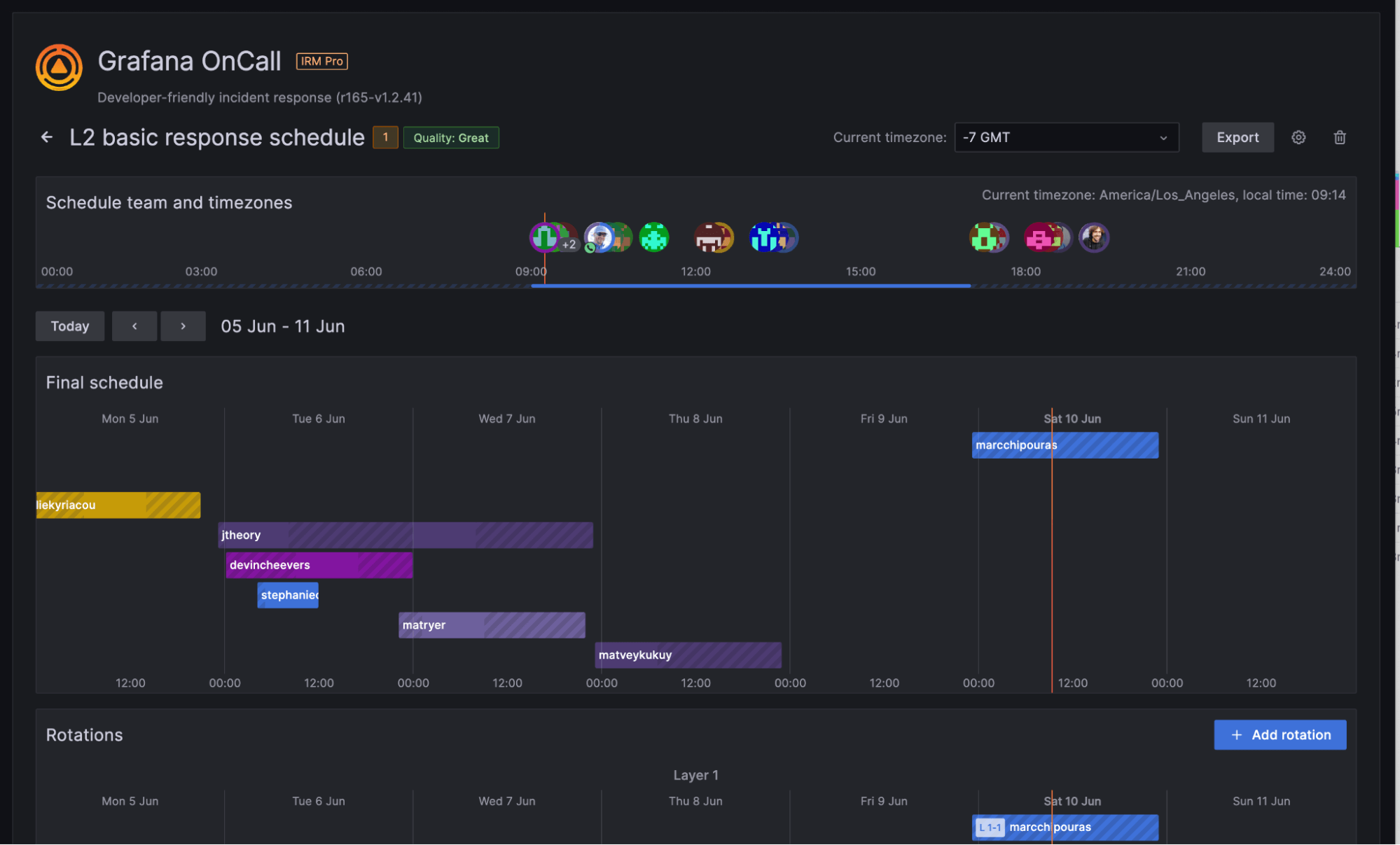 An example of how an on-call scheduling is done in the in Grafana OnCall schedule UI