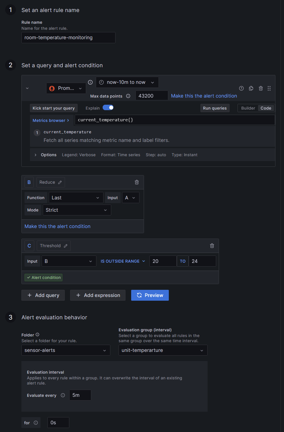 A screenshot showing query and expressions in Grafana Alerting.
