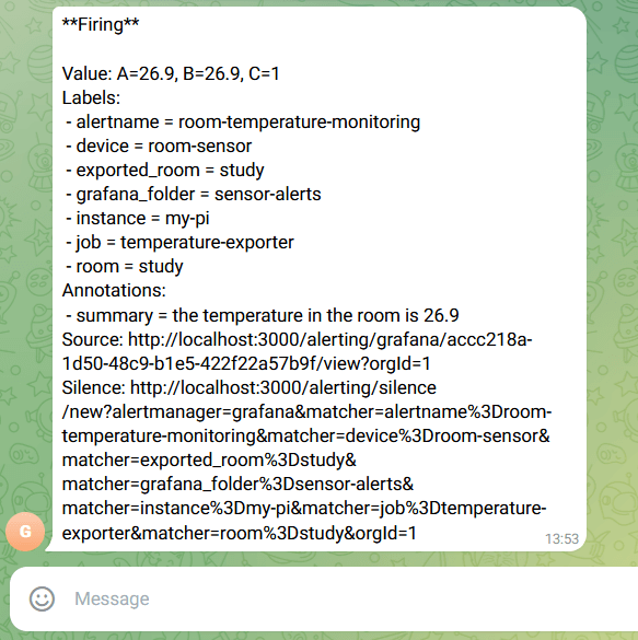 A screenshot of a firing temperature alert in Telegram. 