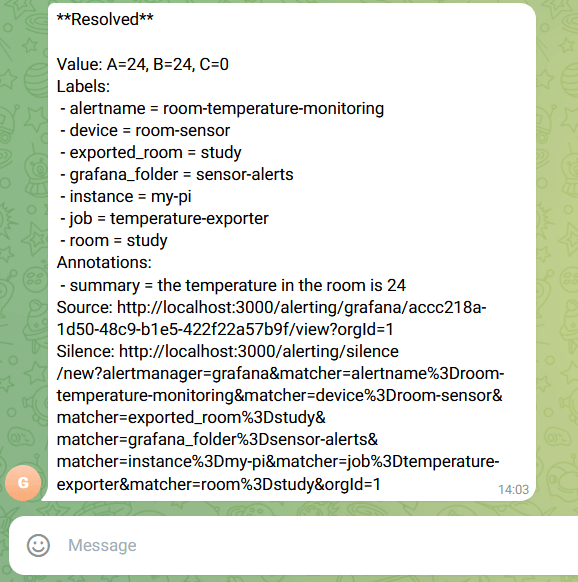 A screenshot of a resolved alert in Telegram.