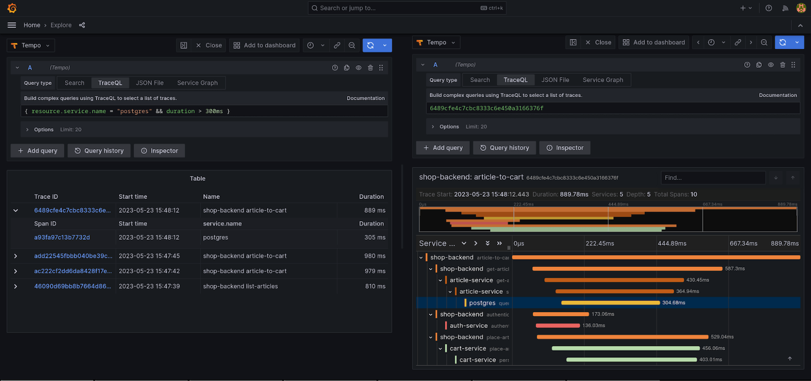 A screenshot of a Grafana dashboard with search results for traces using TraceQL