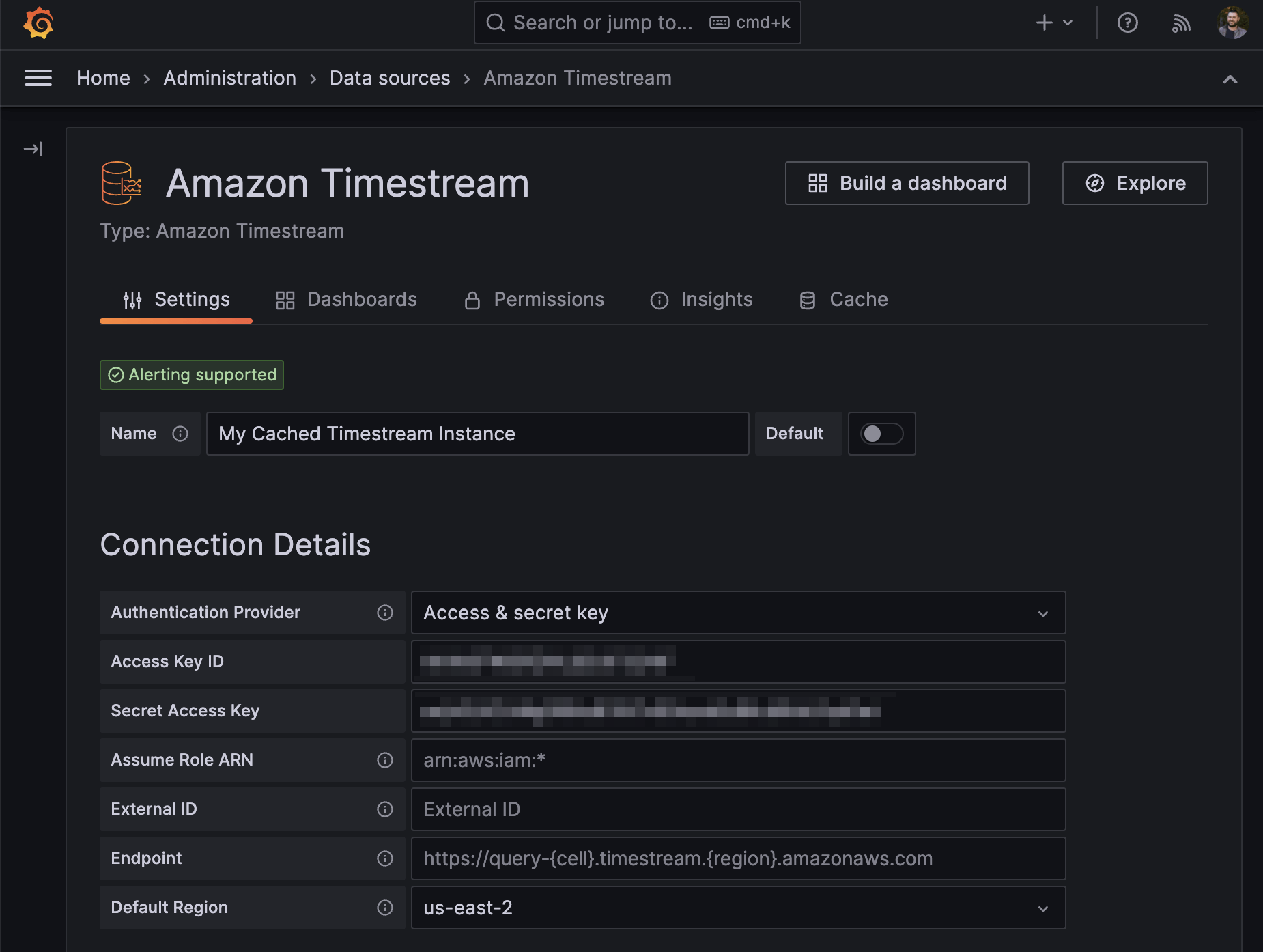 Screenshot for connection details in Grafana UI. 