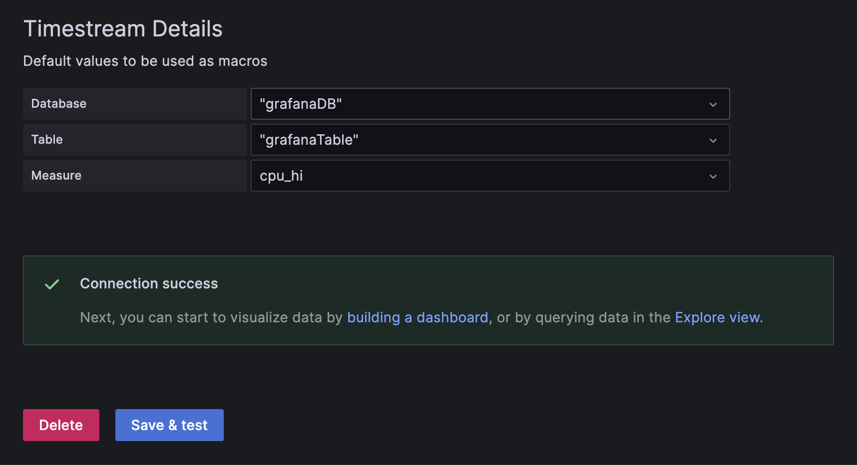 Screenshot of verifying connection to a data source in Grafana. 