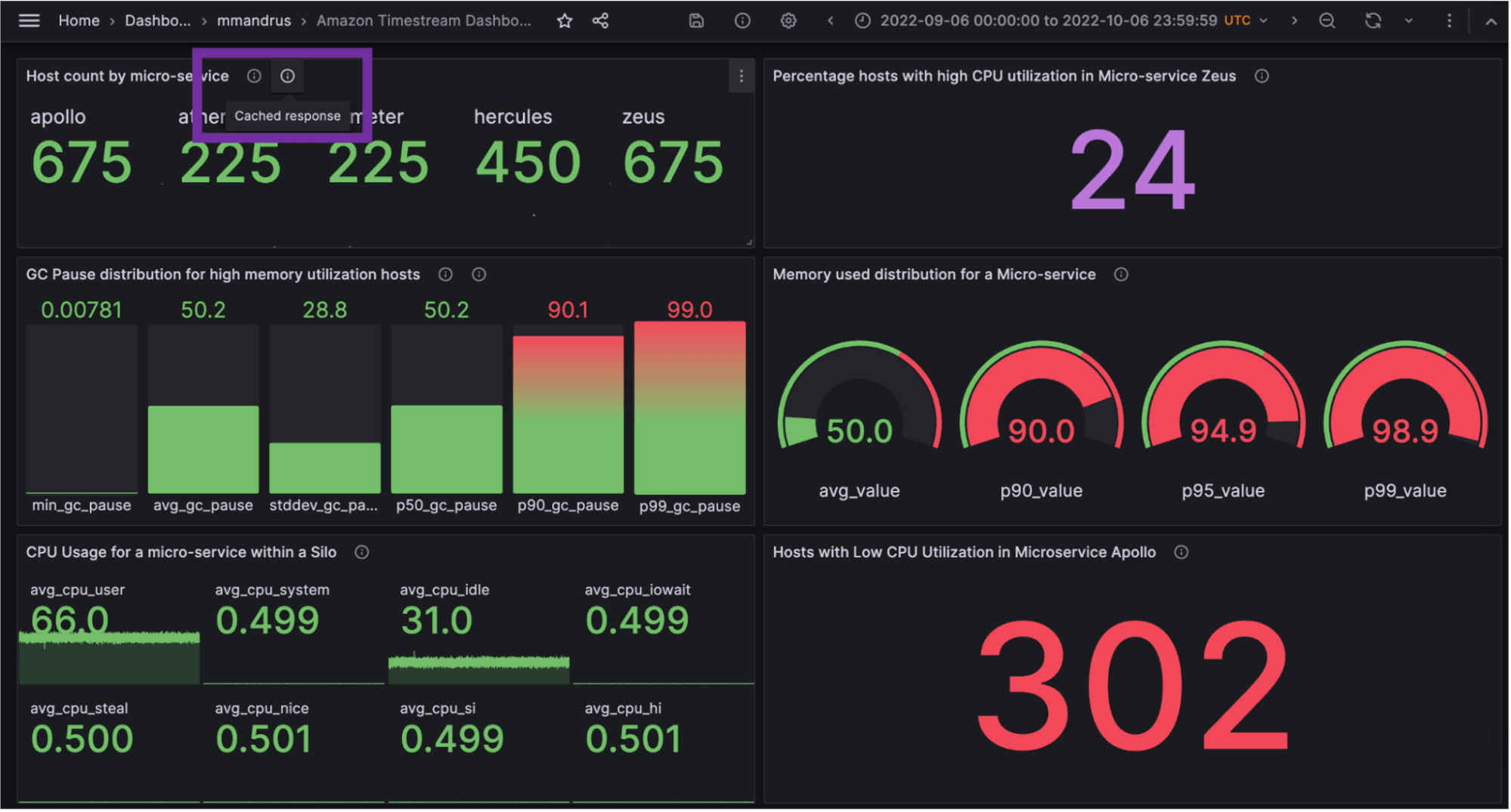 Grafana dashboard for AWS Timestream data with query caching. 