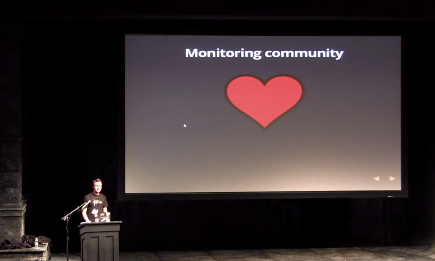 Photo of Torkel presenting on stage at Monitorama 2014.