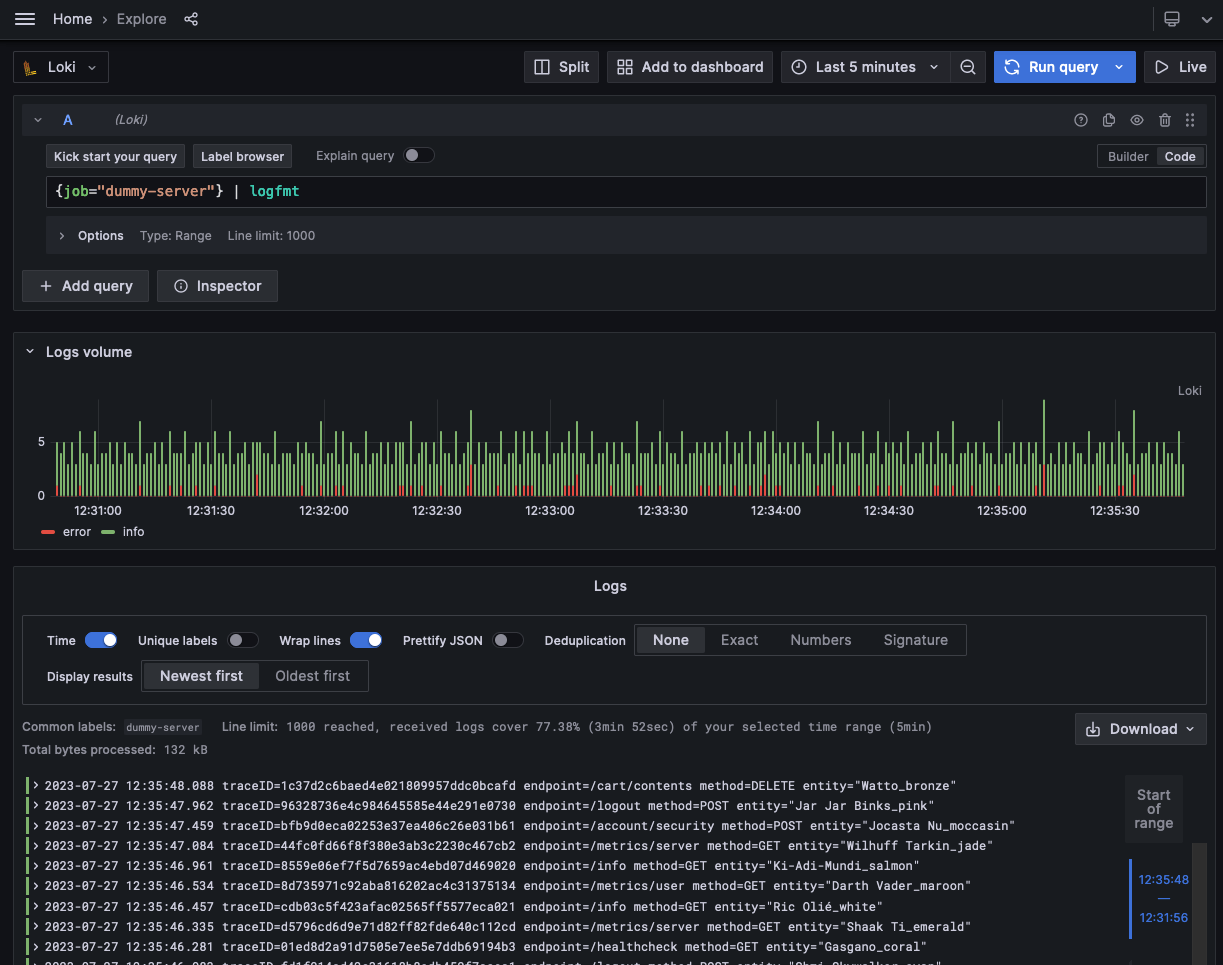 A screenshot of the Explore page in Grafana 