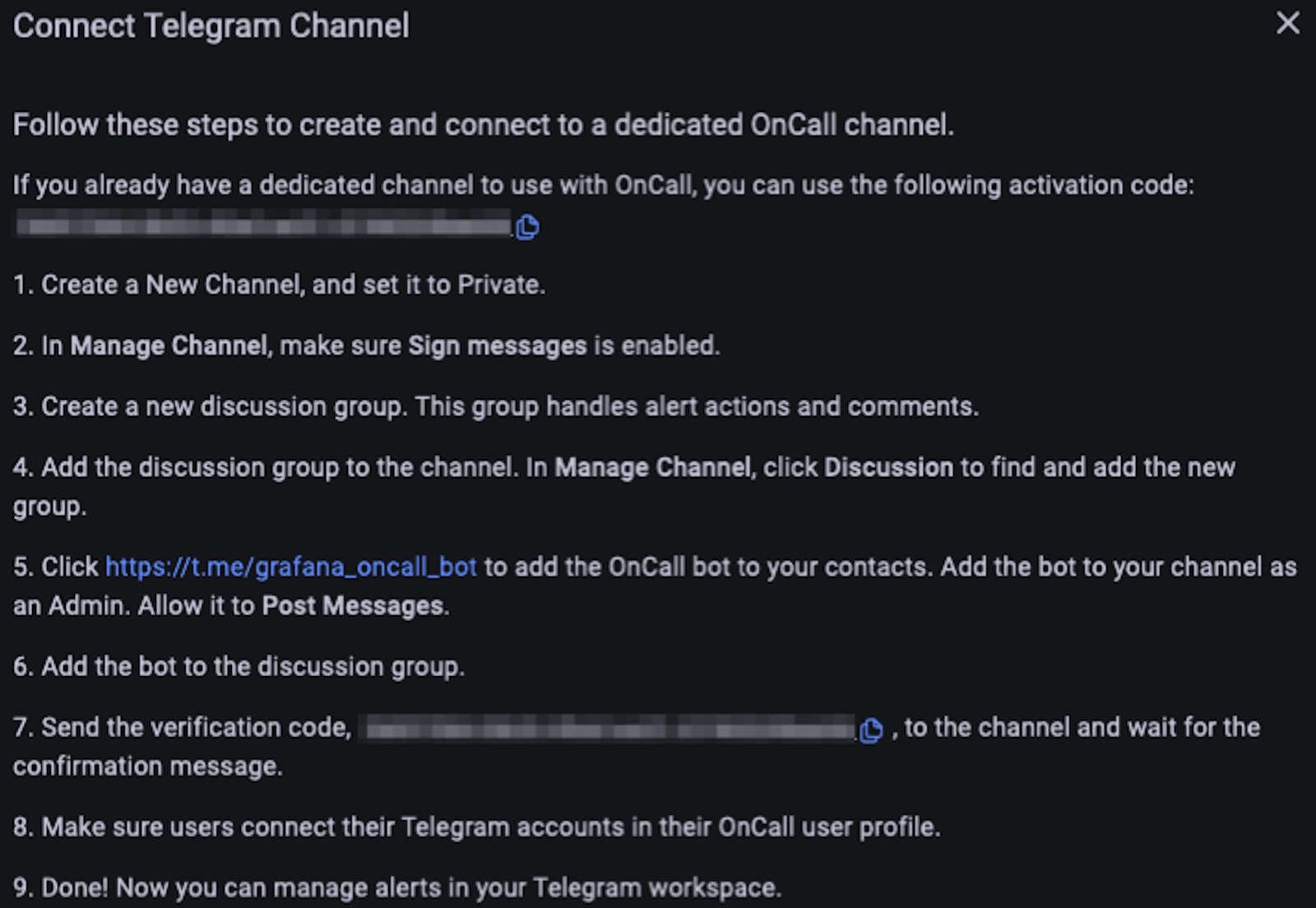 A screenshot of the steps to connect a Telegram channel in Grafana OnCall.