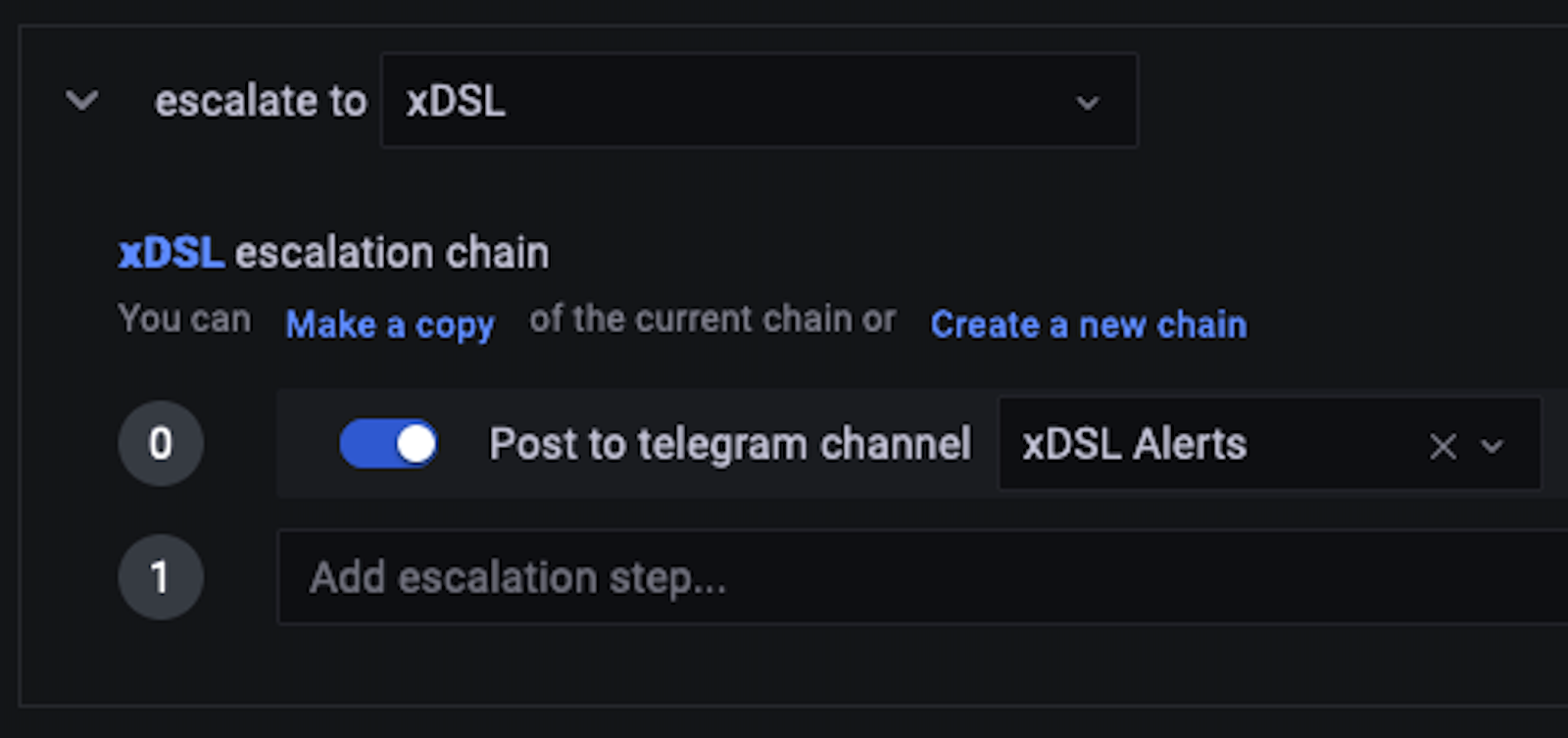 A screenshot showing Telegram being added to an escalation in Grafana OnCall.