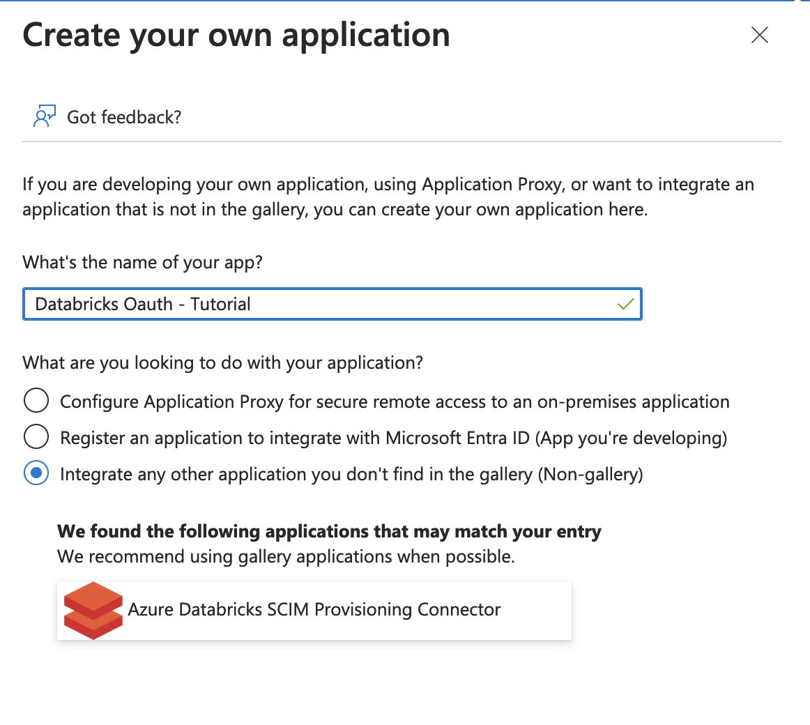 Databricks create application screen