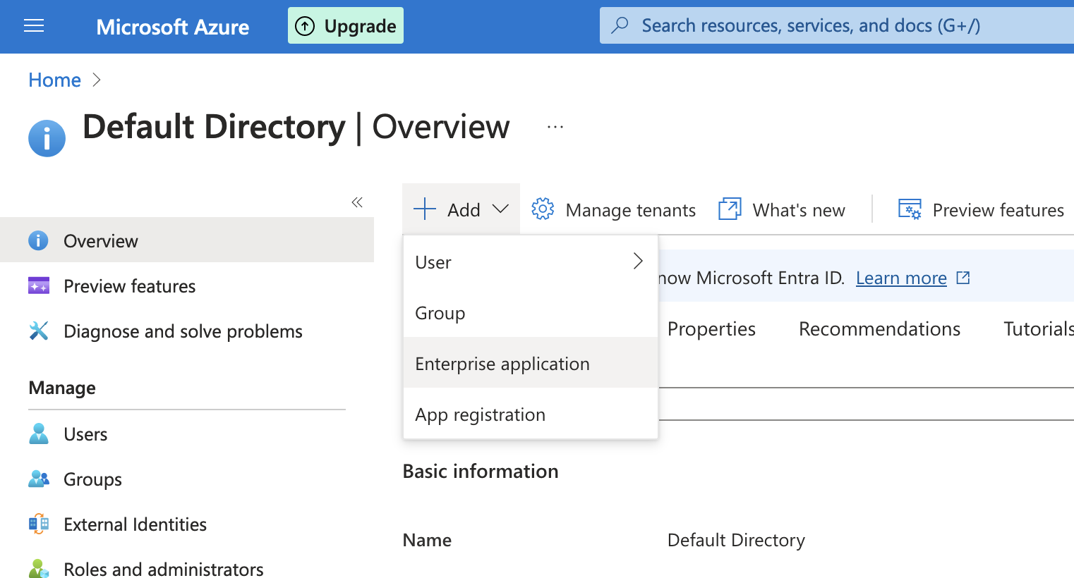 Microsoft Entra ID Add Enterprise Application screen