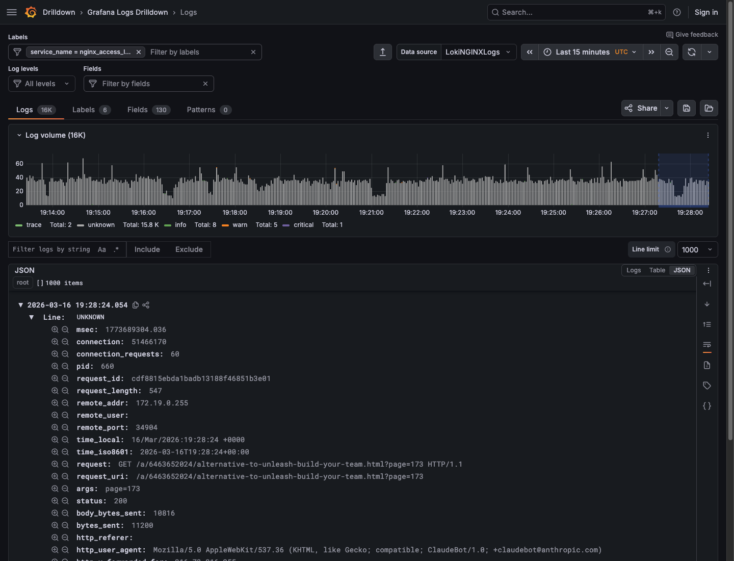 The JSON viewer Logs Drilldown JSON viewer with structured log rows
