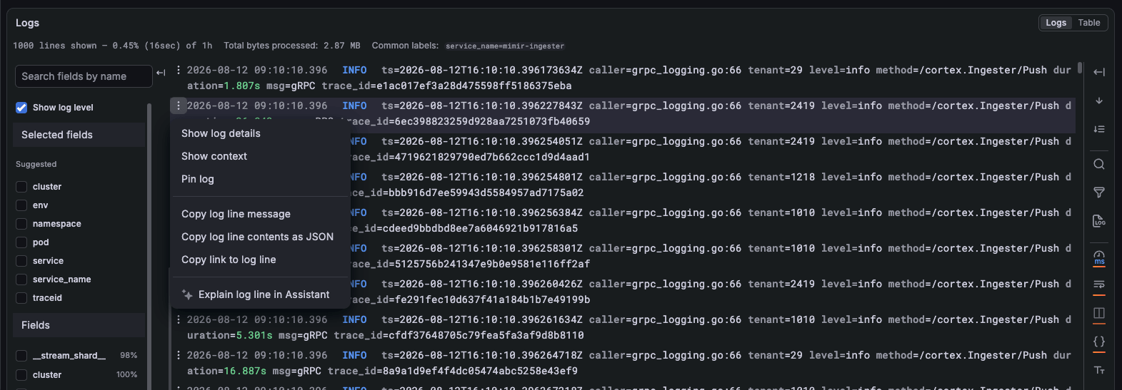 The log line menu A log line menu open over the log list, showing the Show log details, Show context, and Pin log options, followed by copy options and Explain log line in Assistant