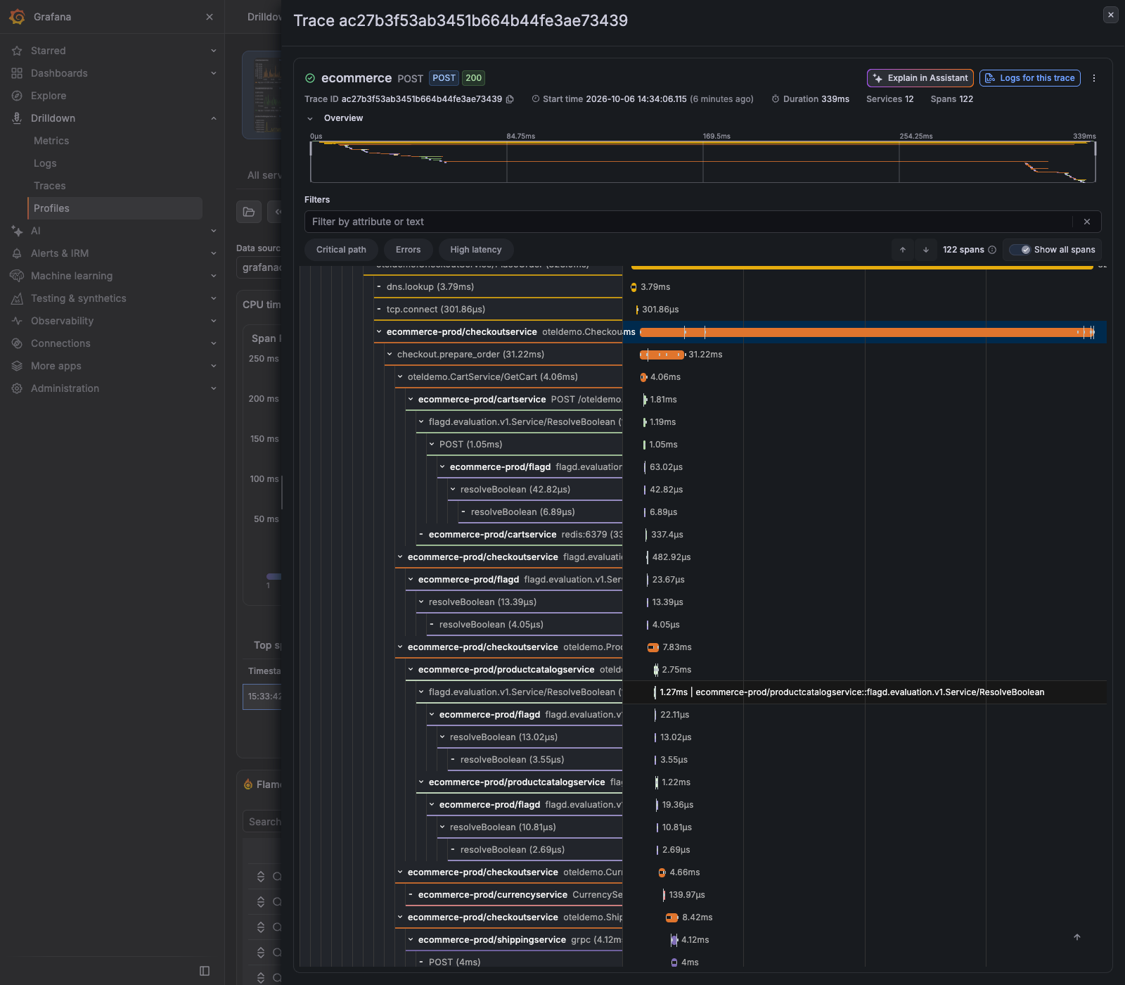 Associated trace open in a drawer showing request timing and spans across services