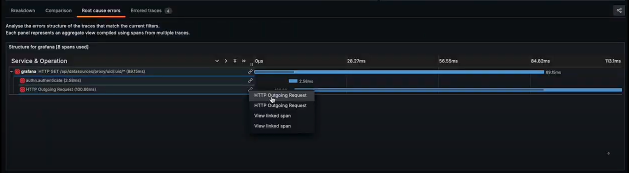 Contextual menu available in the Root cause errors tab
