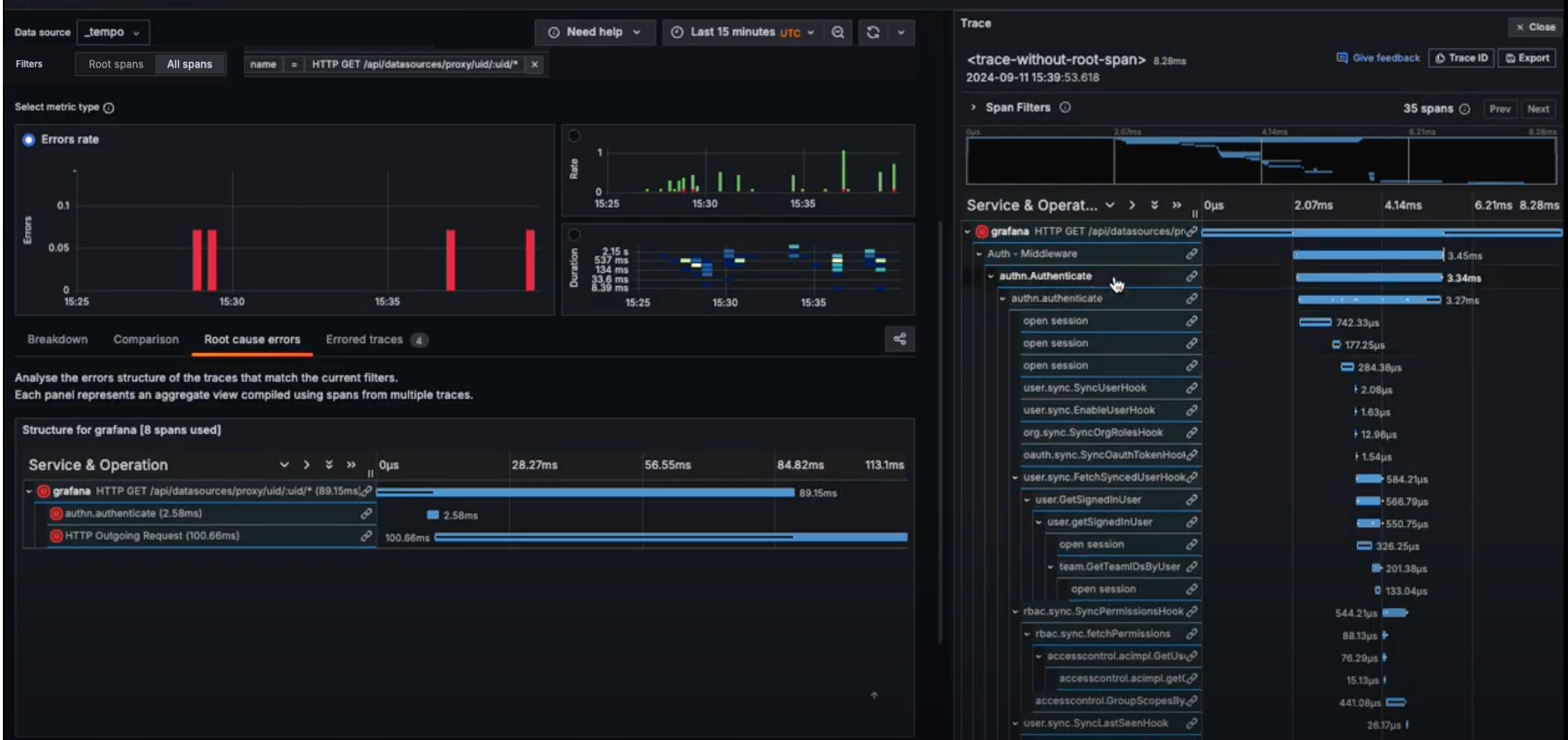 Link to span data from Root cause errors