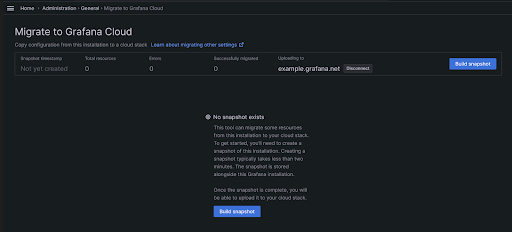 The Build snapshot button on the Migrate to Grafana Cloud page in a self-managed Grafana instance