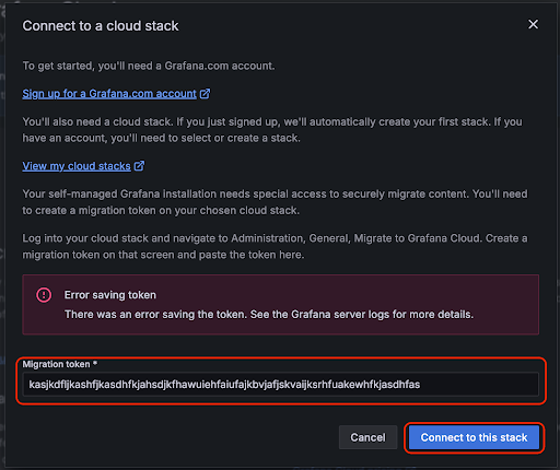 The Migration token field and Connect to this stack button in the Connect to a cloud stack page in a self-managed Grafana instance