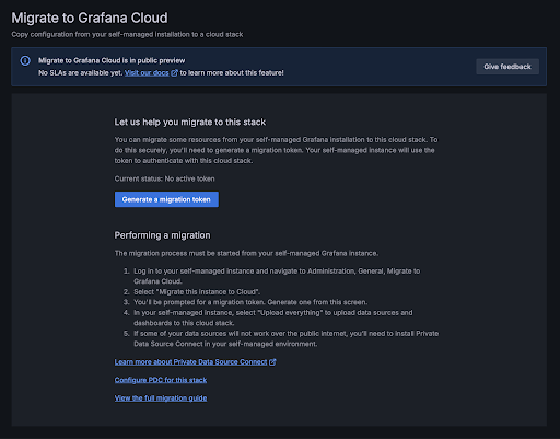The Generate a migration token button in the Migrate to Grafana Cloud page in the intended Grafana Cloud Stack