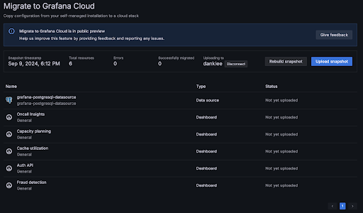 A list of resources with snapshots built but not yet uploaded to Grafana Cloud