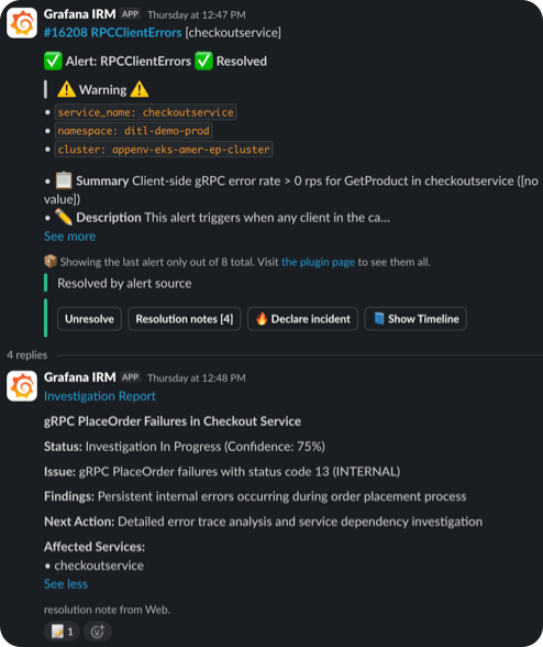 Investigation report findings posted to an alert group Slack thread