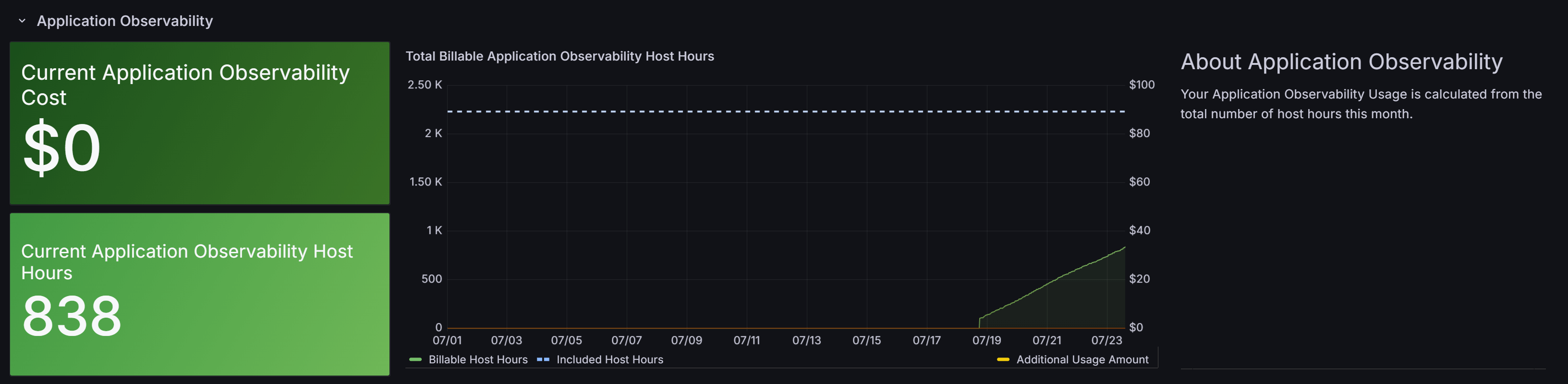 View of the Application Observability usage summary in the Billing and Usage dashboard