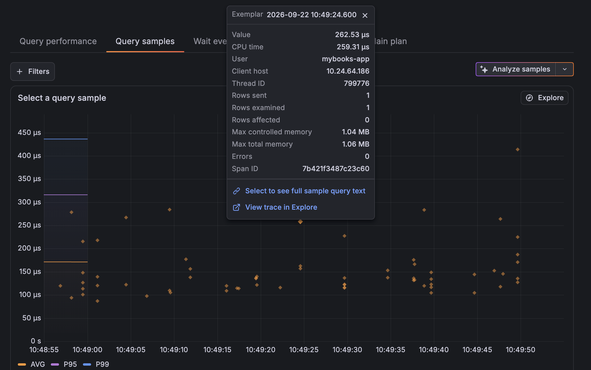 A query sample tooltip with the View trace in Explore link.