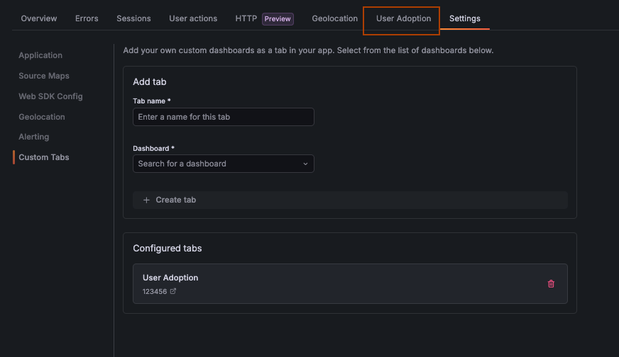 Custom tabs in Frontend Observability