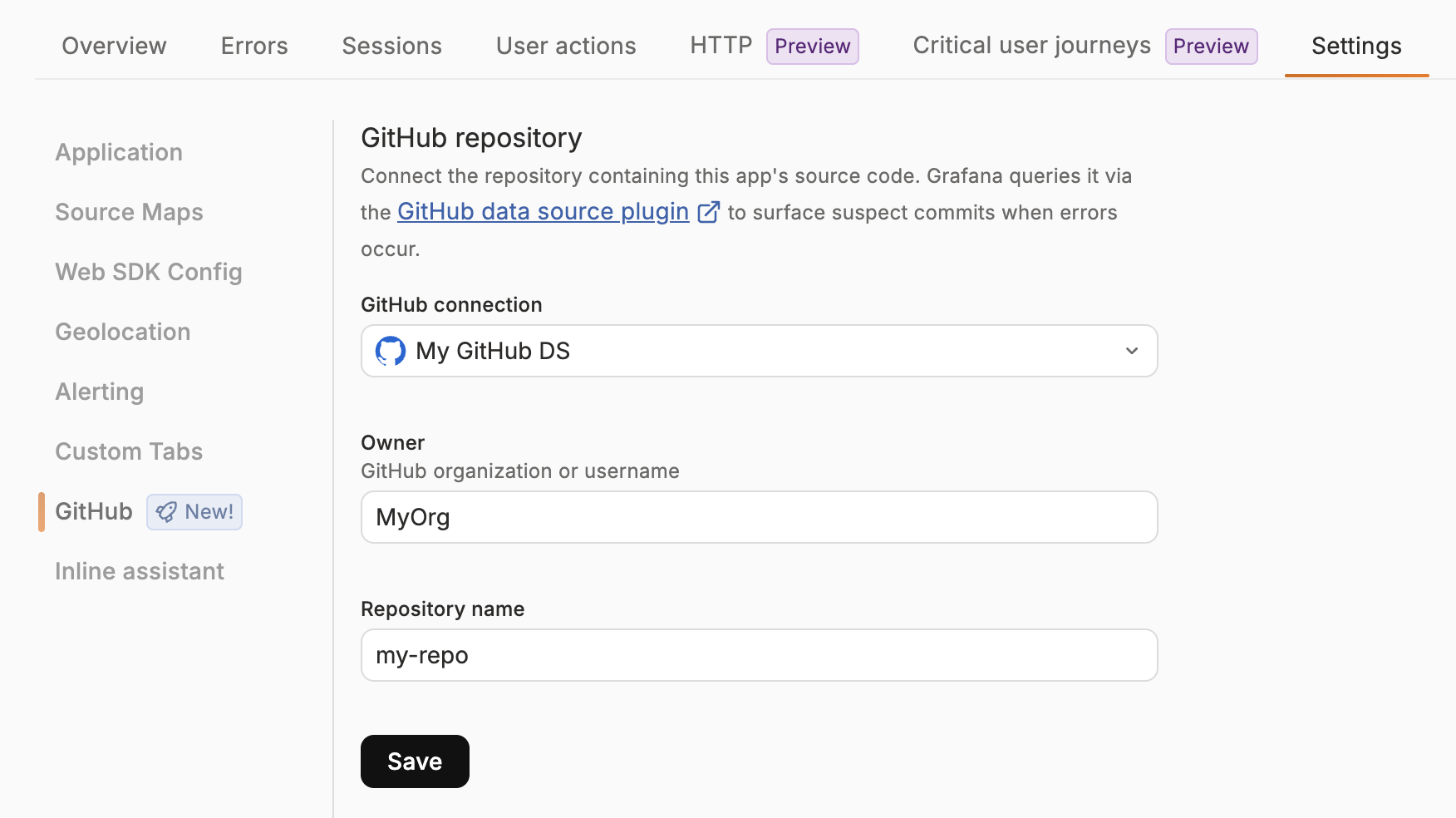 Frontend Observability GitHub repository settings showing the GitHub connection, owner, repository name, and Save button.