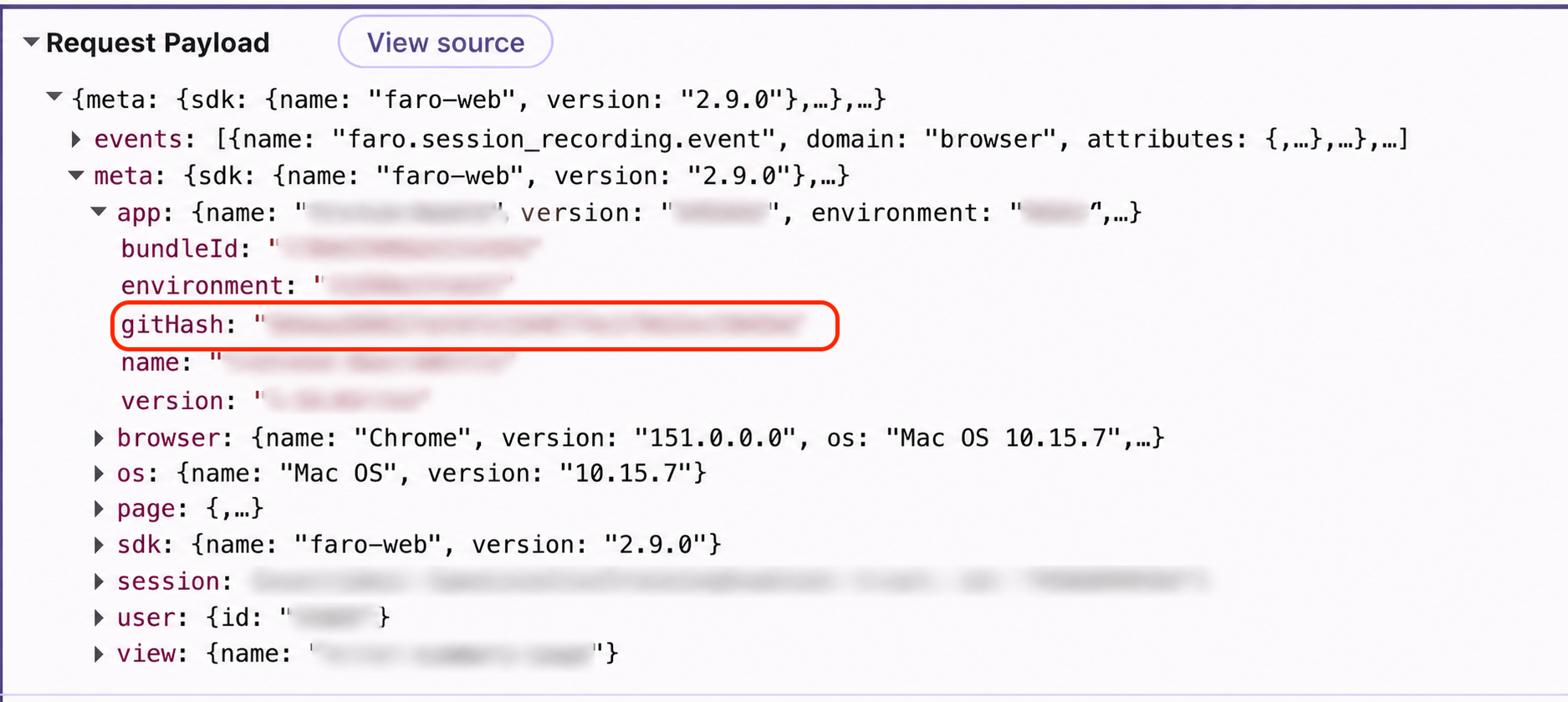 Browser Network panel showing a Faro collect request with the application Git commit hash in the request payload.