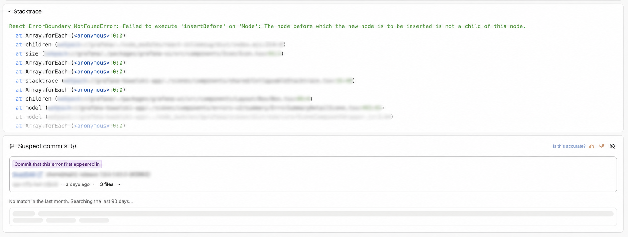 Frontend Observability error details showing the stack trace and the Suspect commits section with the commit where the error first appeared.